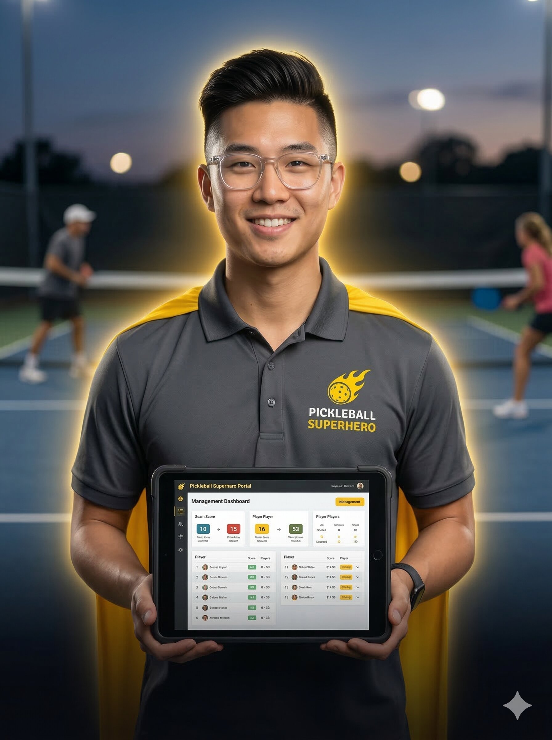 Tournament director with Pickleball Superhero cape on the courts