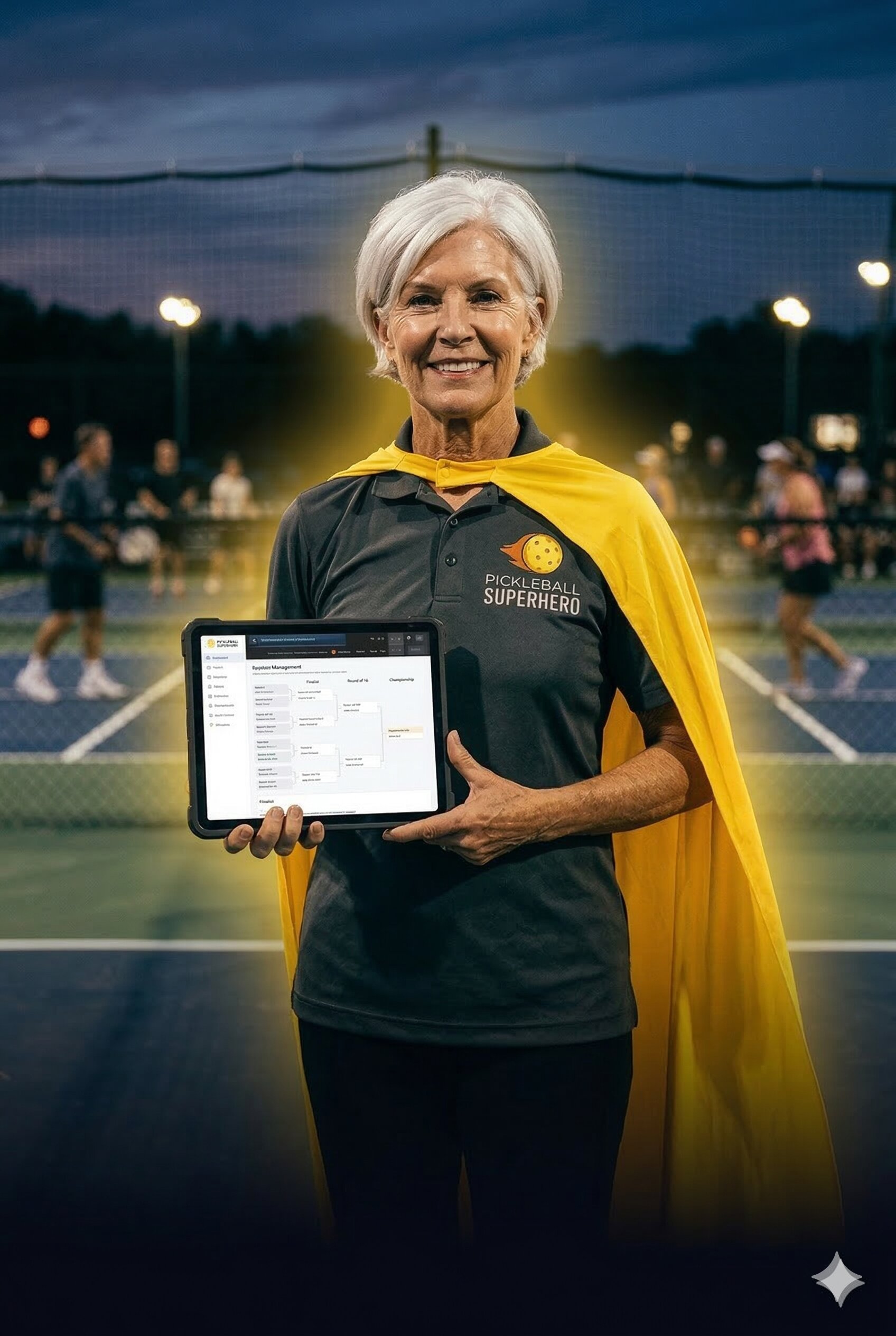 Tournament director with Pickleball Superhero cape on the courts